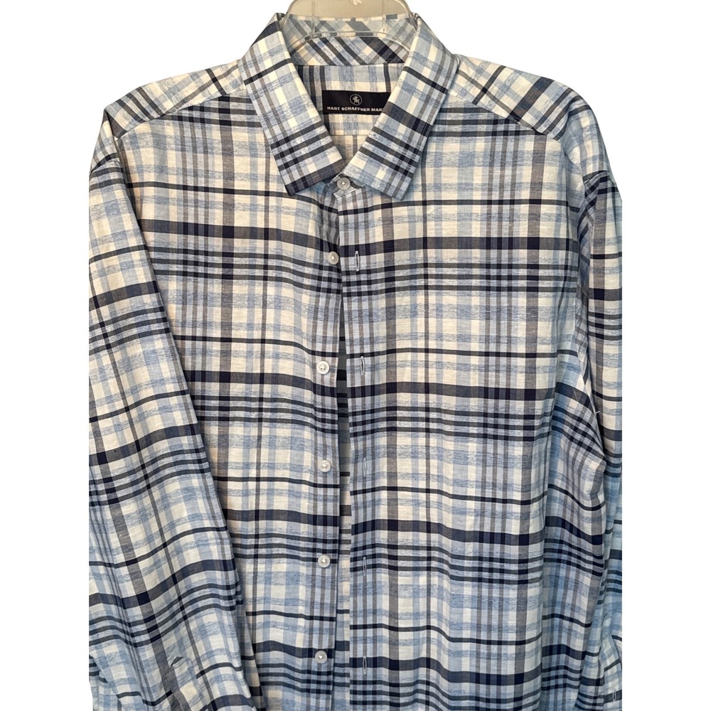 Hart Schaffner Marx men's button-down shirt blue white plaid cotton-linen blend‎